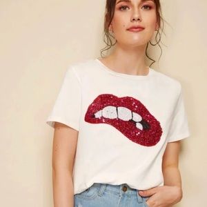 SHEIN | Women’s White Lip Bite Sequin Tee Size M